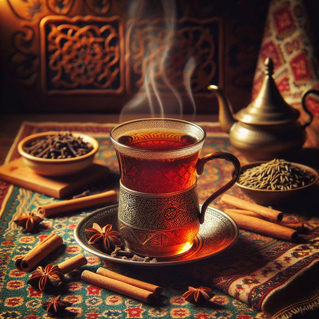 Glass of Somali xawaash spiced tea with cinnamon sticks and cardamom pods