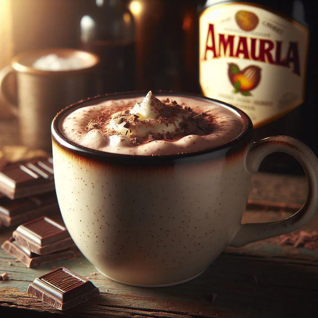 Amarula hot chocolate in a mug topped with whipped cream and a dusting of cinnamon