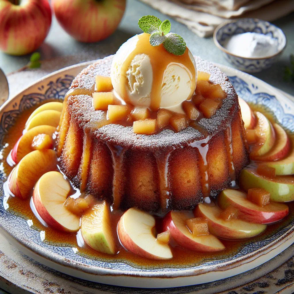 Warm apple malva pudding served in a dish with a creamy sauce