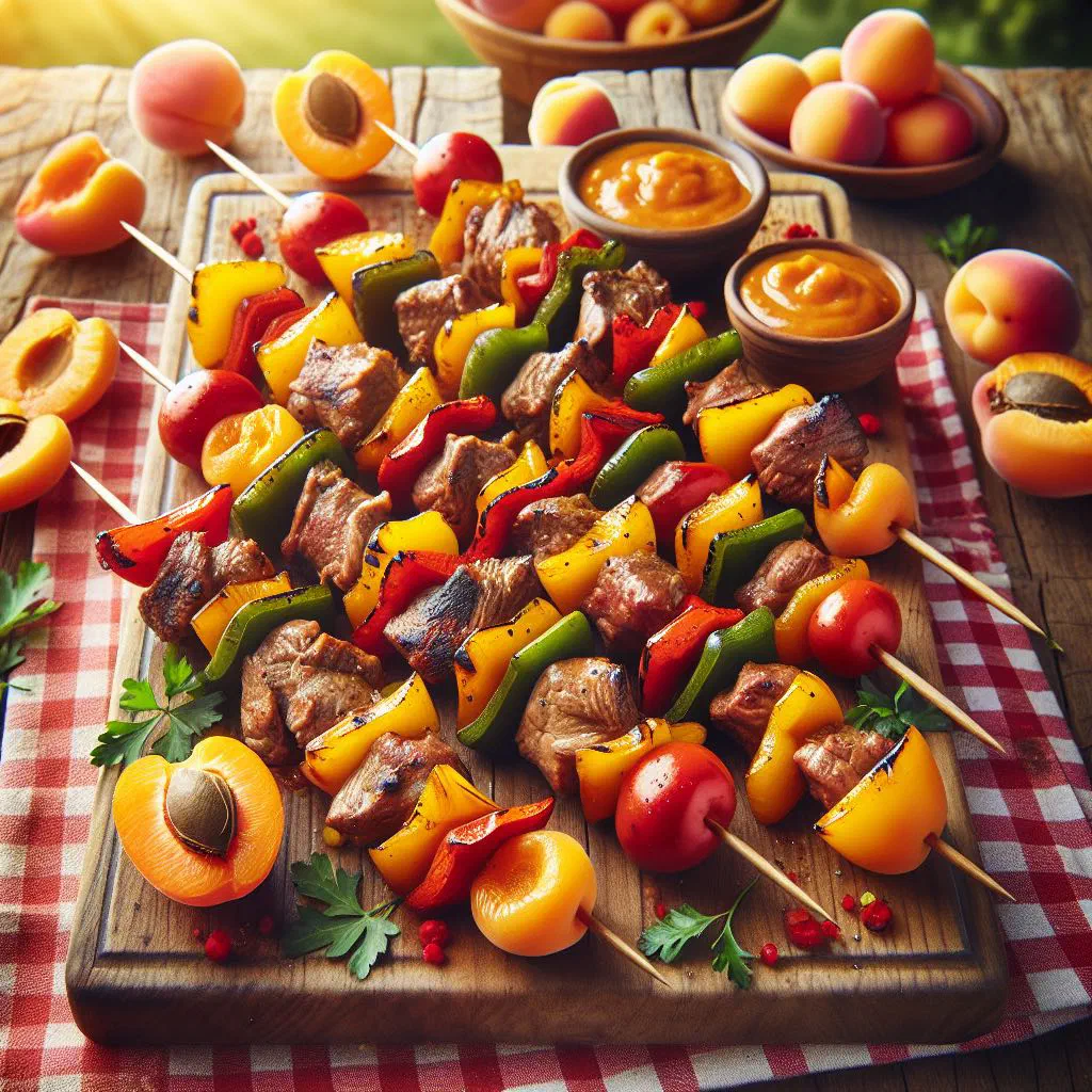 Grilled apricot sosaties skewers with lamb and caramelised dried apricots