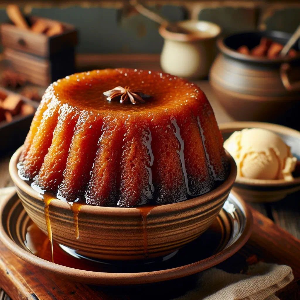 Baked malva pudding with a golden top and warm sauce served in a dish