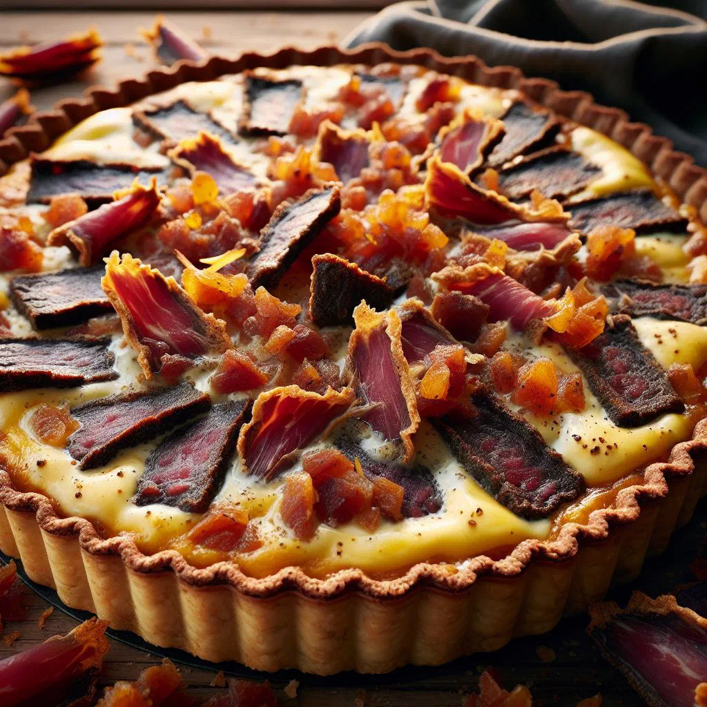 Golden baked biltong and cheese quiche garnished with fresh herbs
