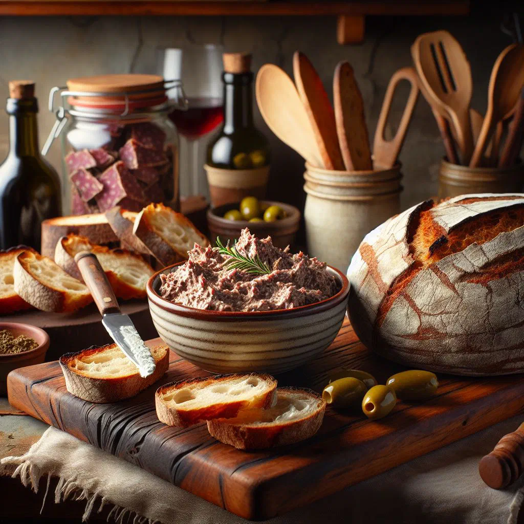Creamy biltong pâté in a bowl served with crackers and fresh bread