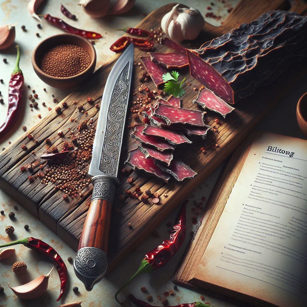 Sliced biltong dried beef arranged on a wooden board