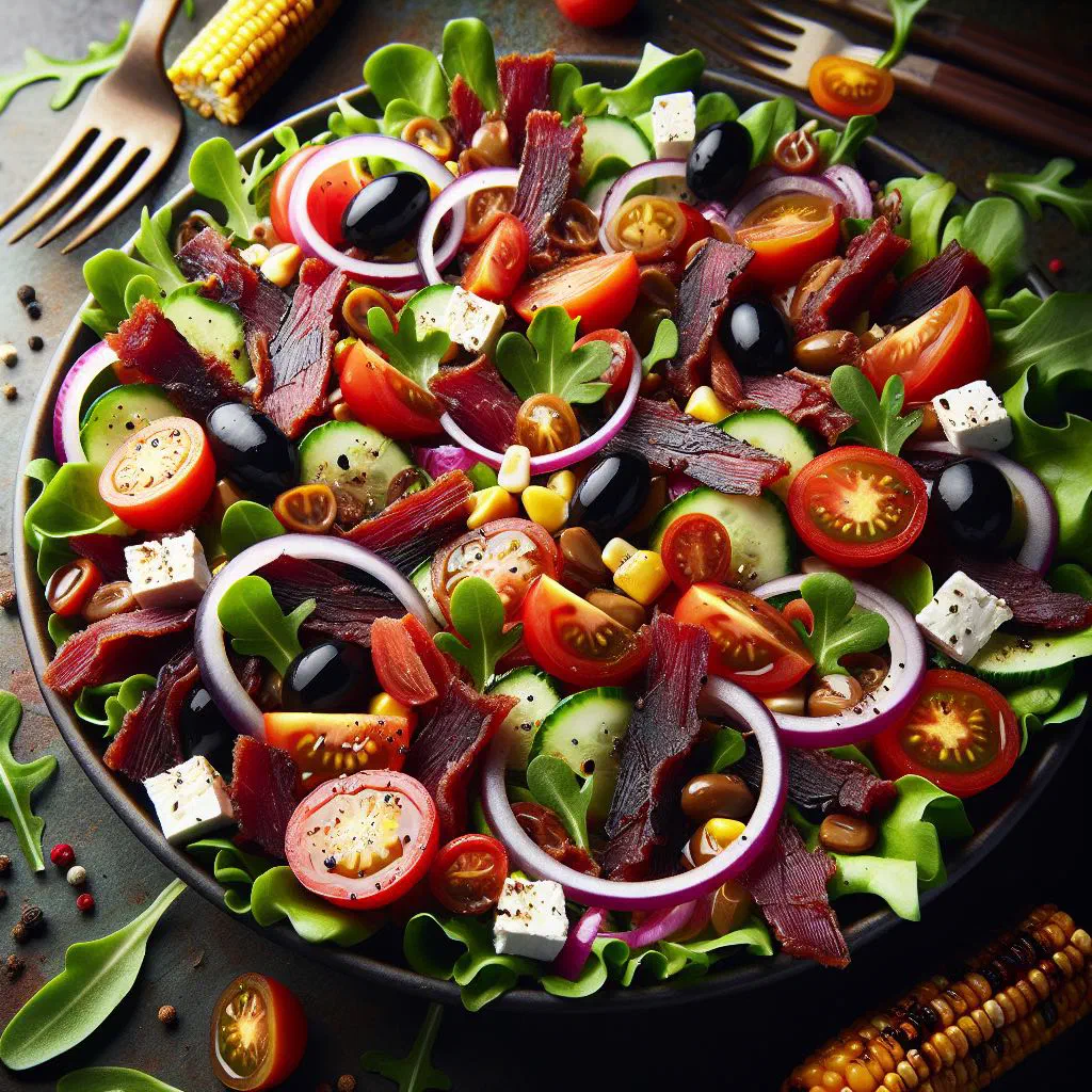 Biltong salad with mixed leaves, feta, cucumber and peppers