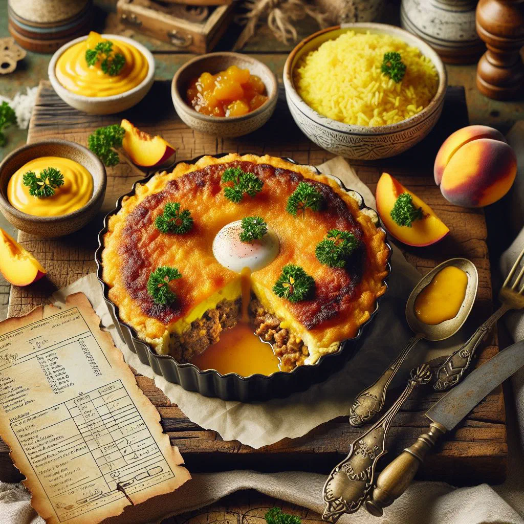 Bobotie pie with spiced minced beef under a golden egg-and-almond-milk topping