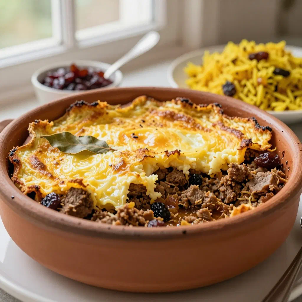 Golden baked bobotie with a set egg-and-milk topping in a dish