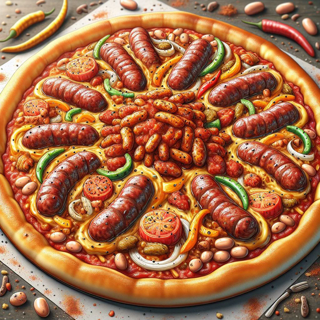 Boerewors and chakalaka pizza topped with melted cheese, peppers and onion