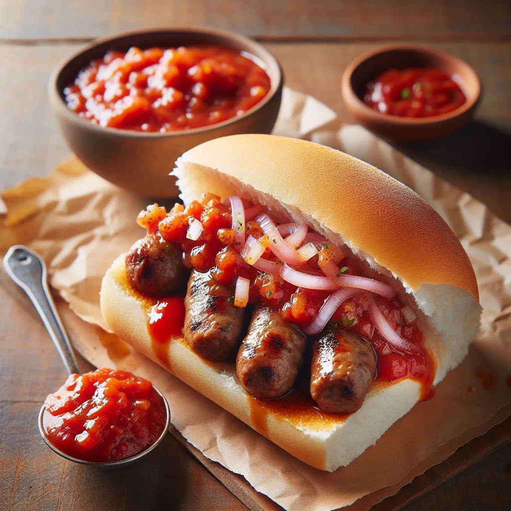 Grilled boerewors sausage in a soft roll topped with tomato relish