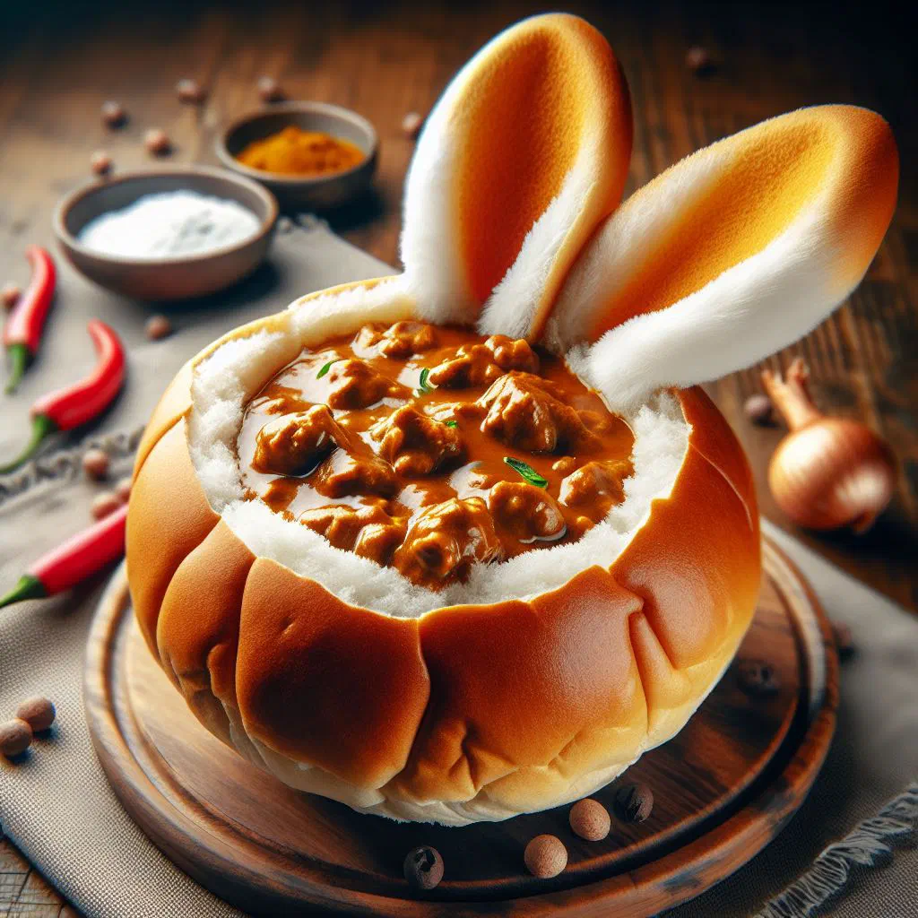 Hollowed-out bread loaf filled with spiced curry and garnished with fresh coriander