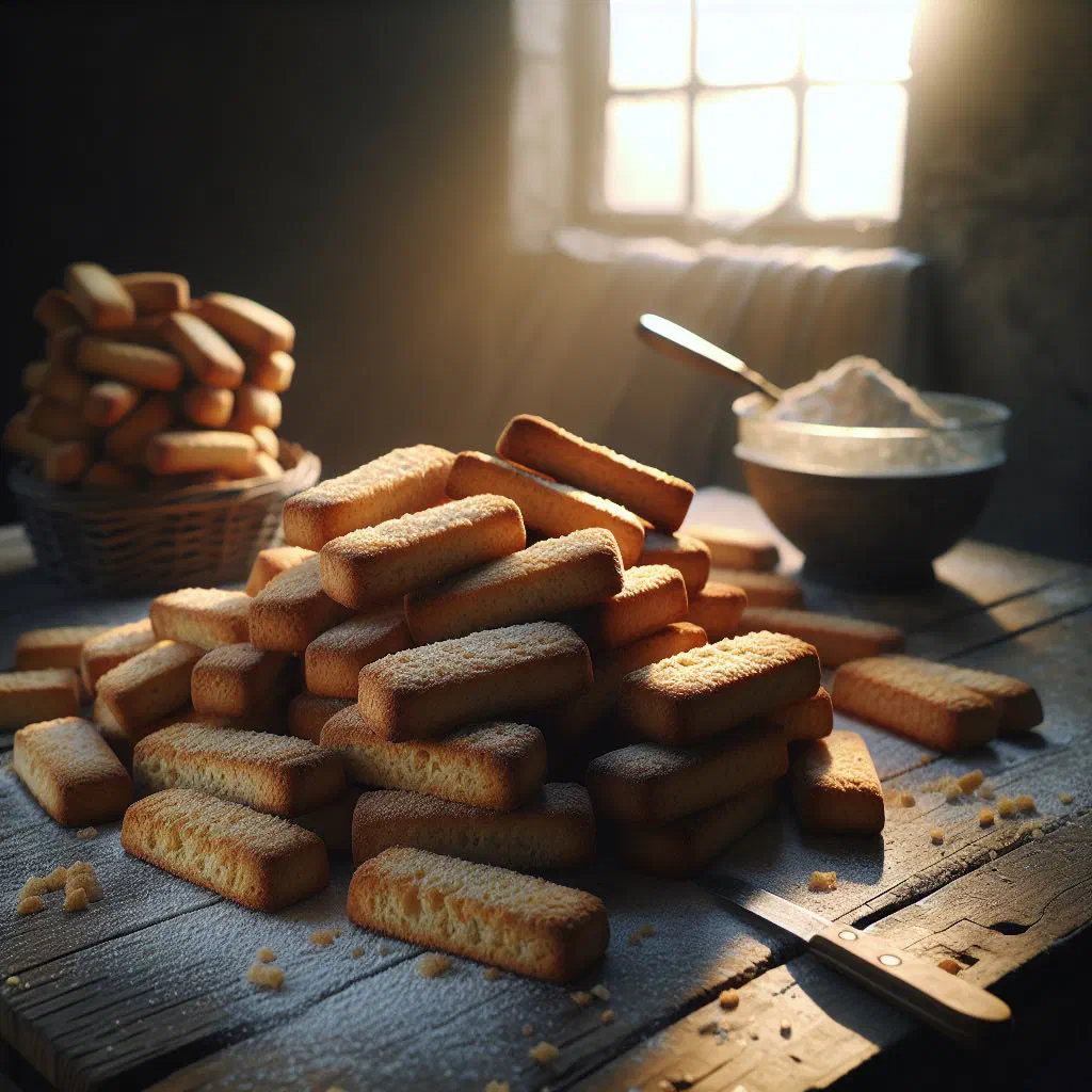 Golden buttermilk rusks stacked beside a cup of tea