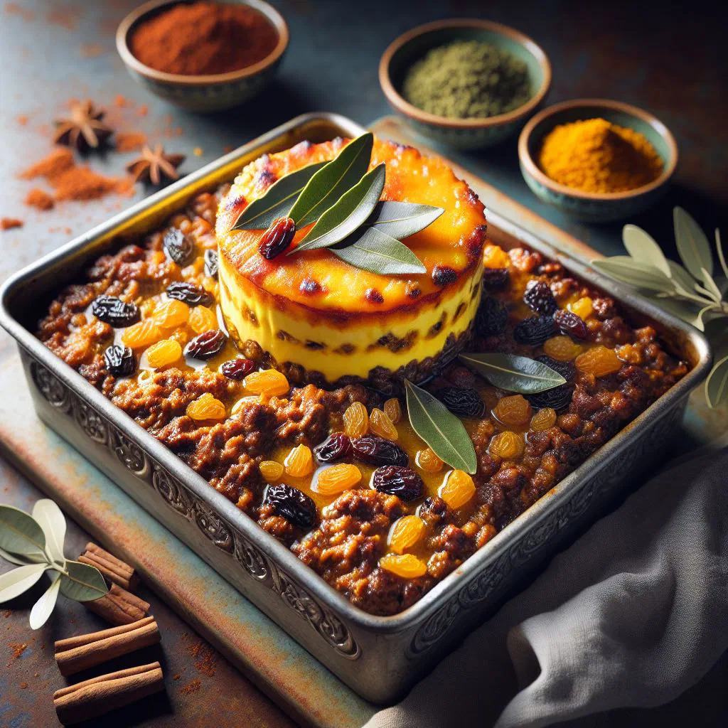 Cape Malay bobotie with golden baked egg topping in a dish