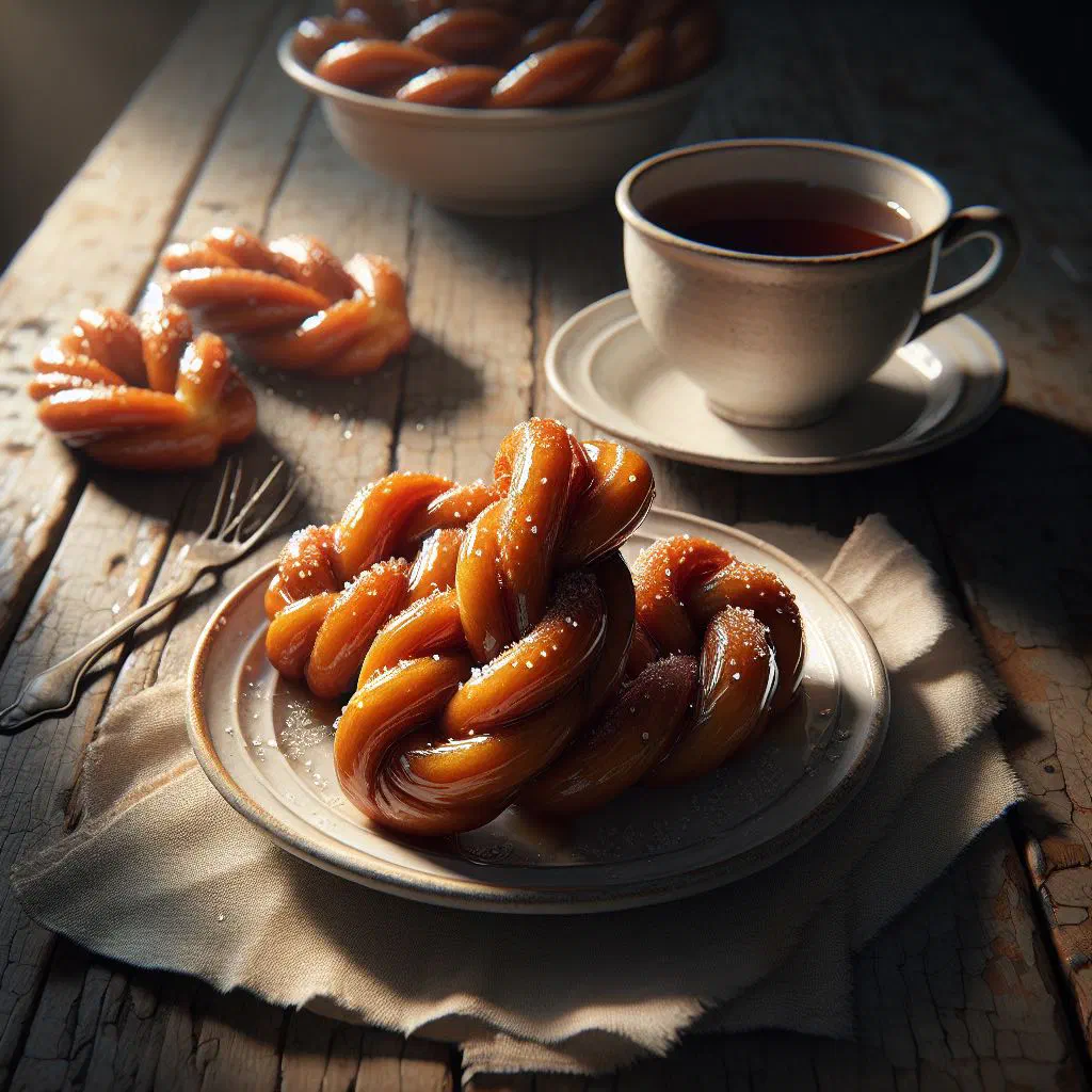 Golden Cape Malay koeksisters coated in spiced syrup on a plate