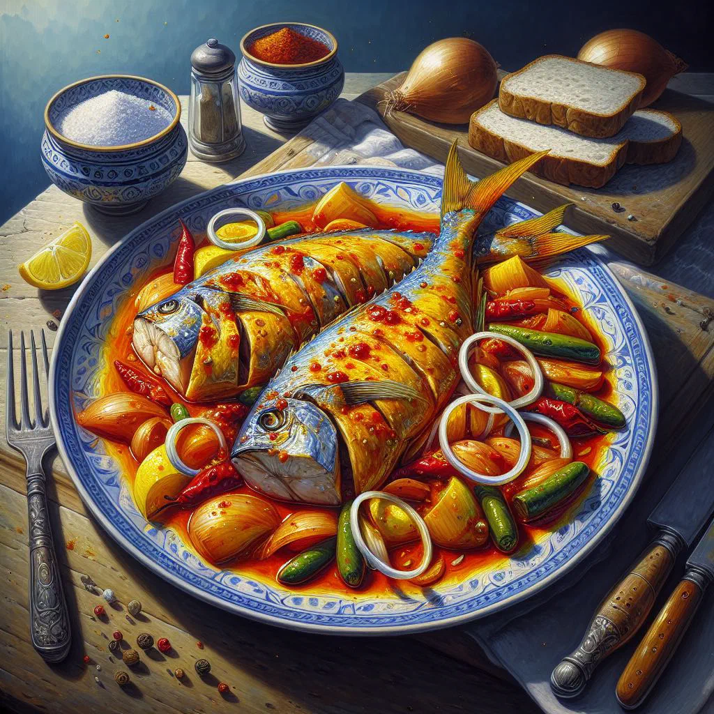 Cape Malay pickled fish in a golden turmeric marinade with onions and bay leaves