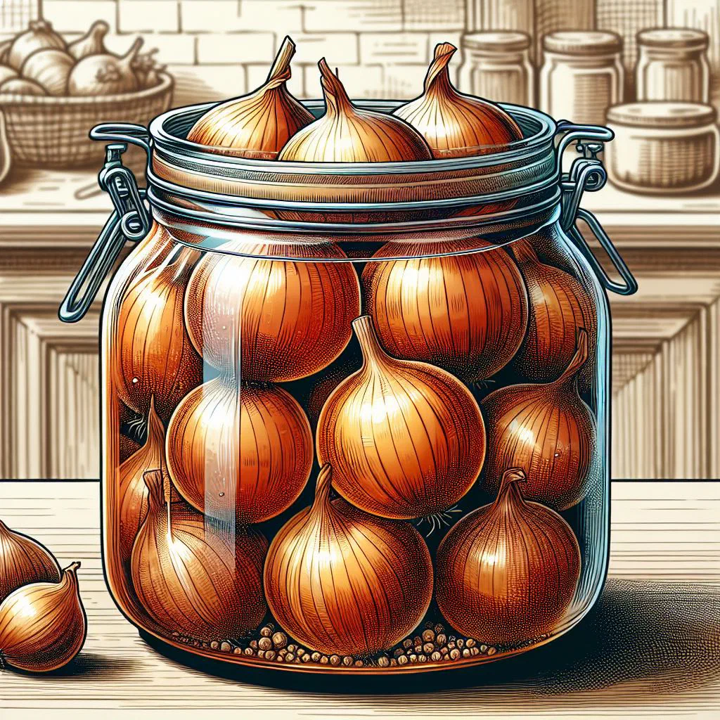 Jar of bright Cape Malay pickled onions with mustard and coriander seeds