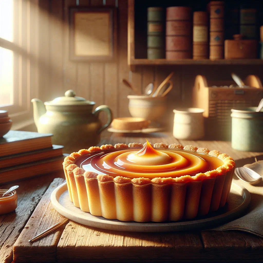 Caramel milk tart with a golden caramel top and a dusting of cinnamon