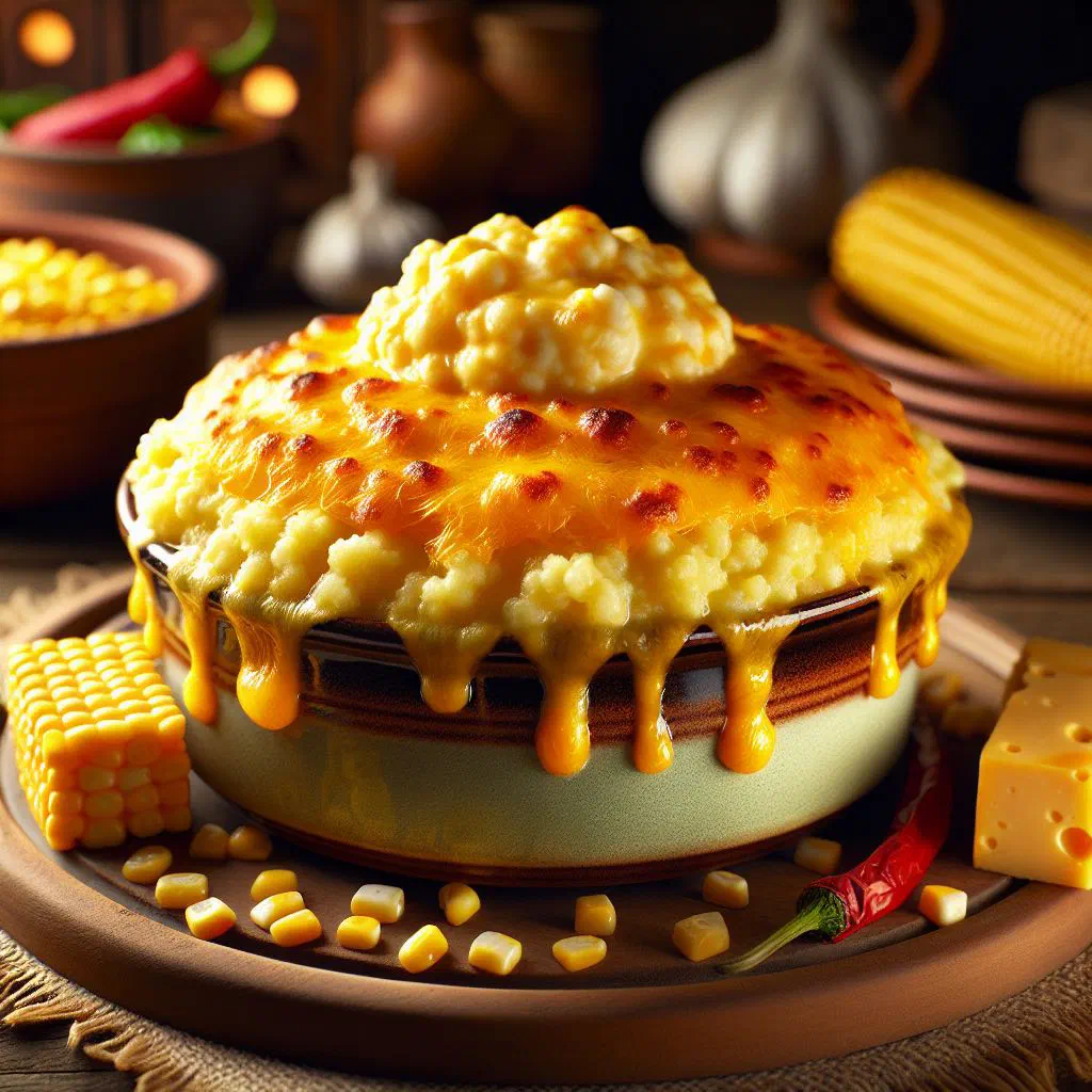 Golden baked cheesy pap topped with melted cheddar in a rustic dish