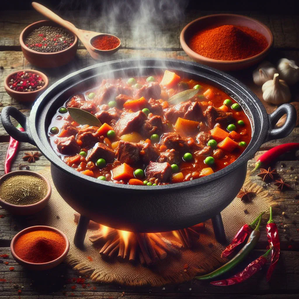 Chilli beef potjie simmering in a cast-iron pot with beef, peppers and carrots