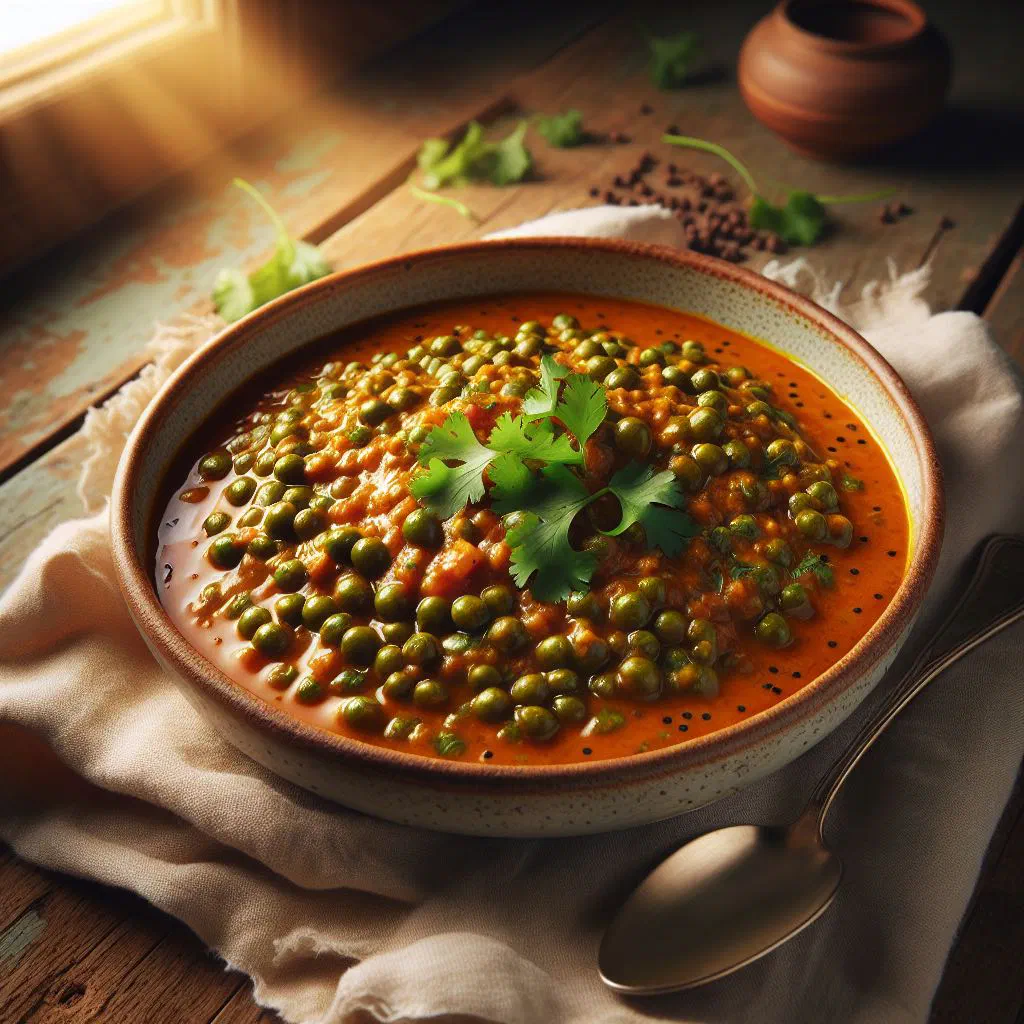 A bowl of creamy coconut curry lentils garnished with fresh coriander