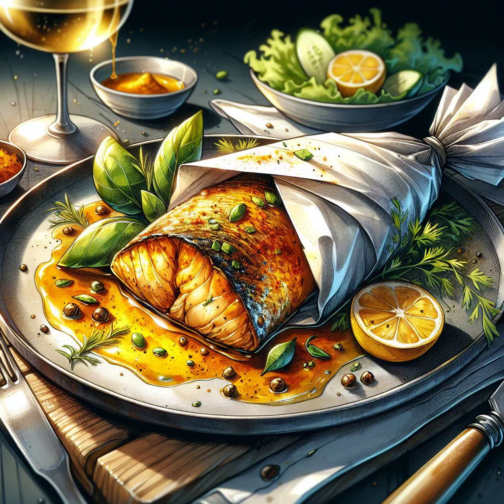 Curried fish parcels baked in paper with coconut curry sauce and fresh coriander