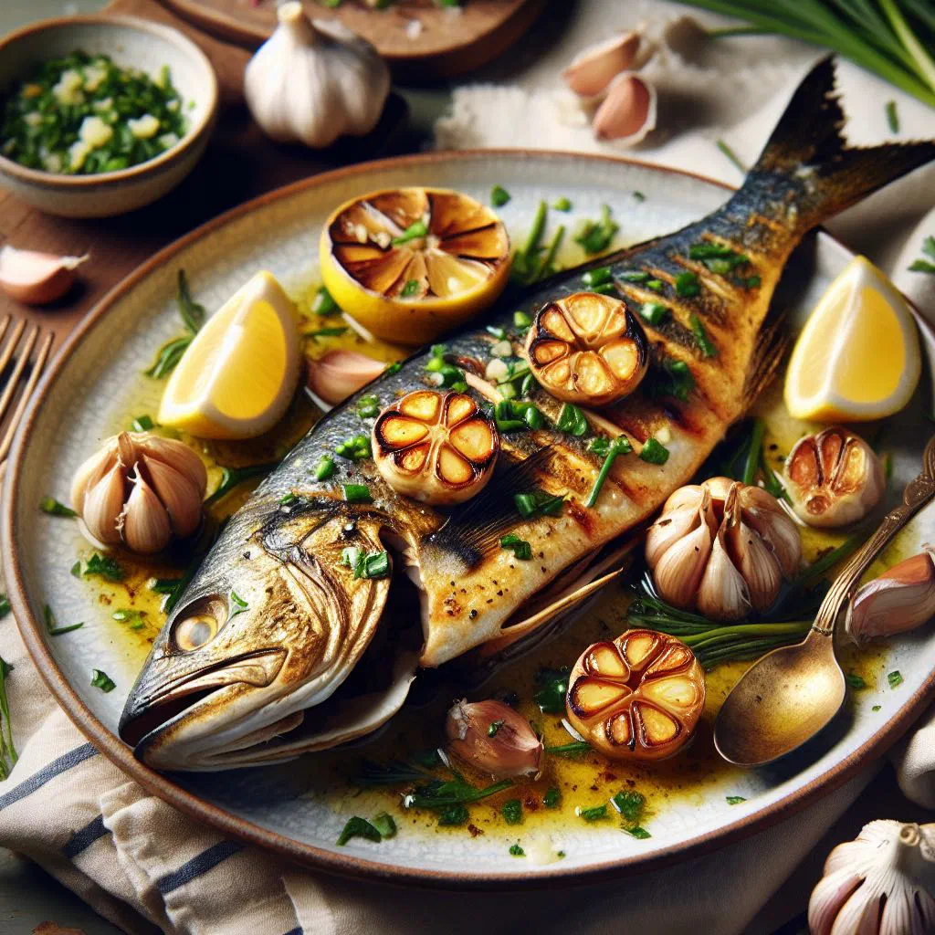 Grilled snoek fillets glazed with garlic butter and garnished with lemon and parsley