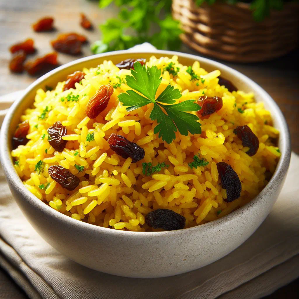 Bright yellow turmeric rice served in a bowl