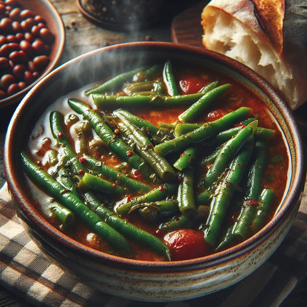 Hearty green bean stew with carrots and tender meat in a bowl