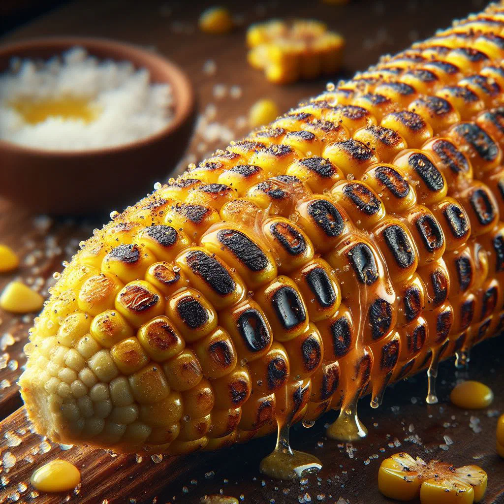 Grilled corn on the cob brushed with butter and sprinkled with salt