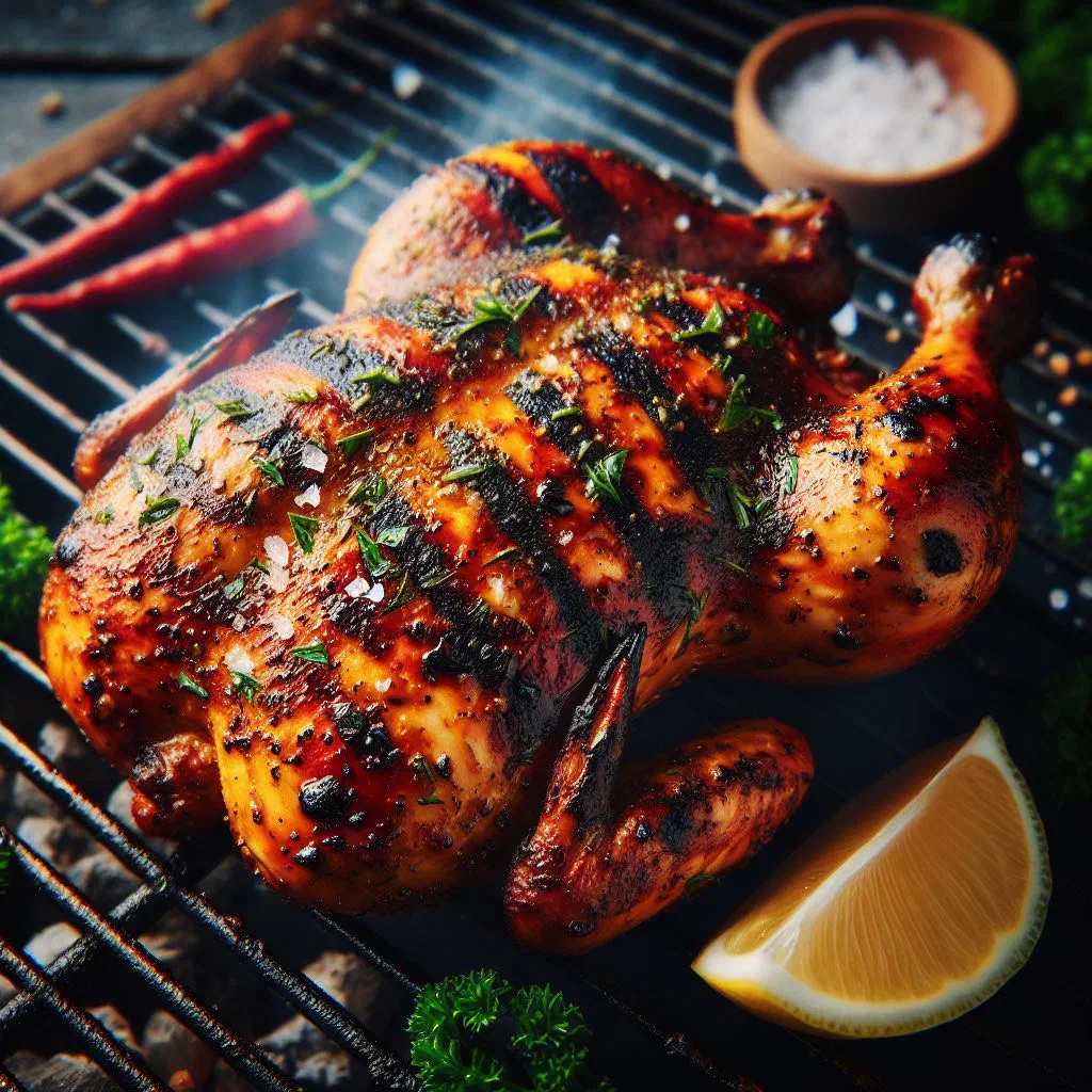 Grilled peri-peri chicken fillets glazed with fiery marinade and garnished with fresh coriander