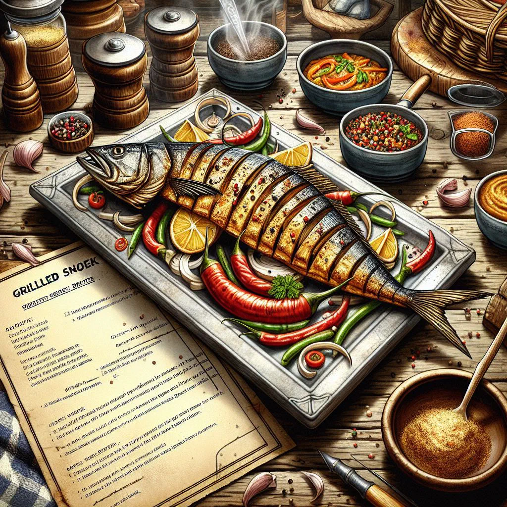 Grilled snoek fillets garnished with fresh herbs and lemon