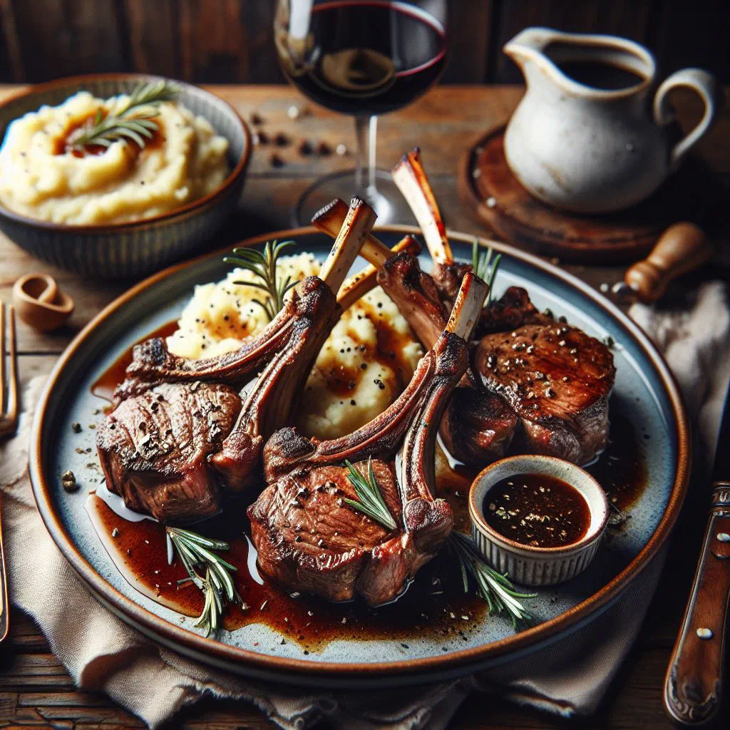 Grilled Karoo lamb chops with herbs and lemon on a wooden board