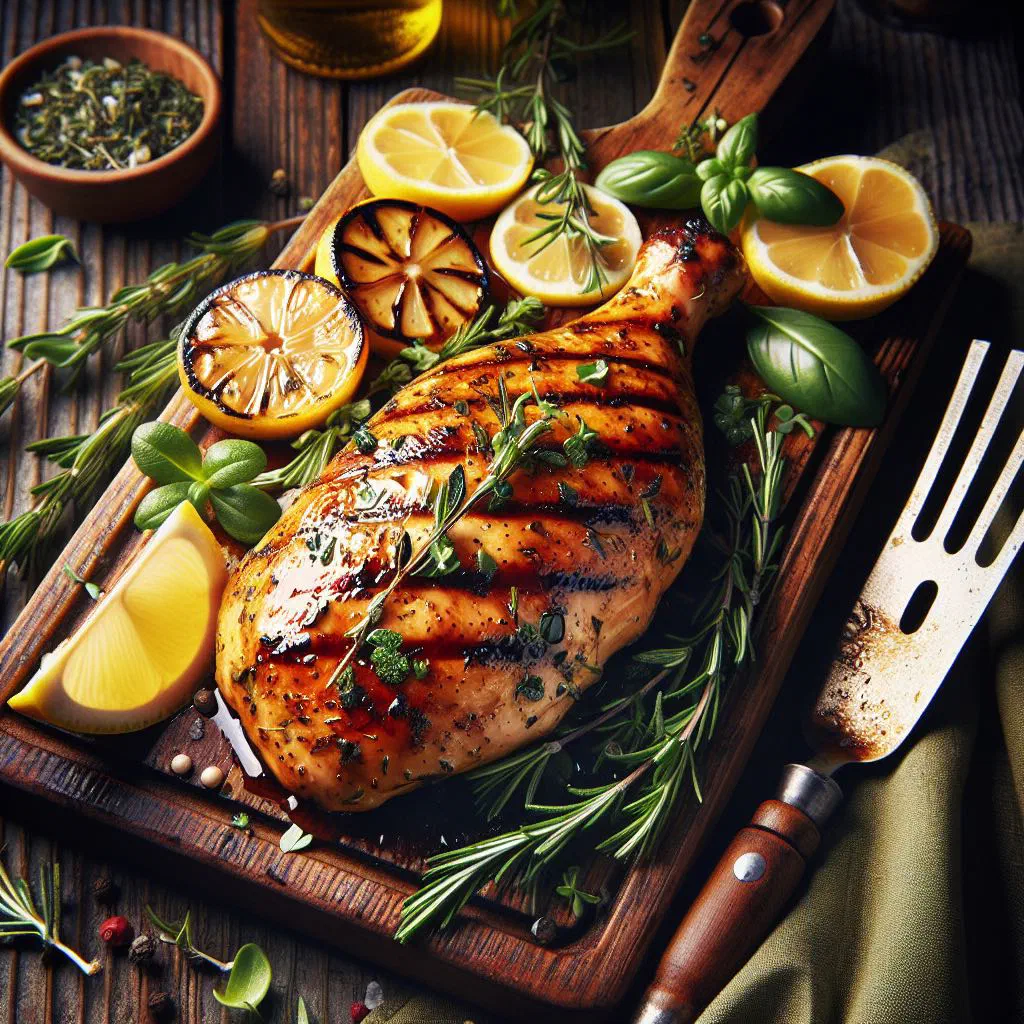 Grilled chicken breasts glazed with lemon and fresh herbs on a wooden board