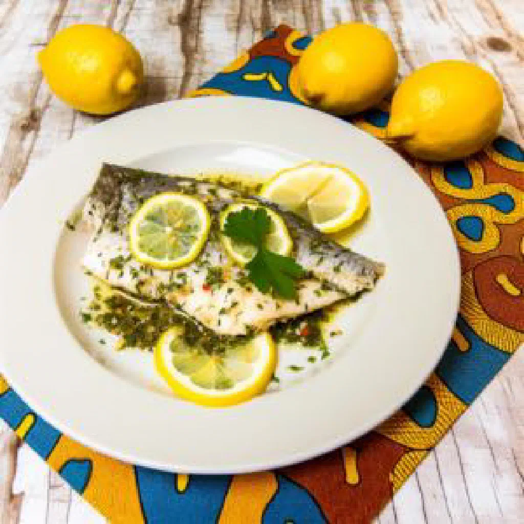 Grilled snoek fillet with a lemon and herb marinade and lemon wedges