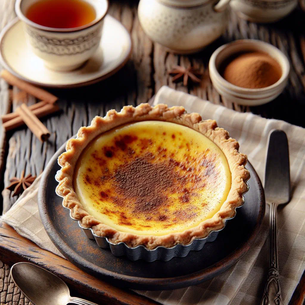 Slice of South African milk tart dusted with cinnamon