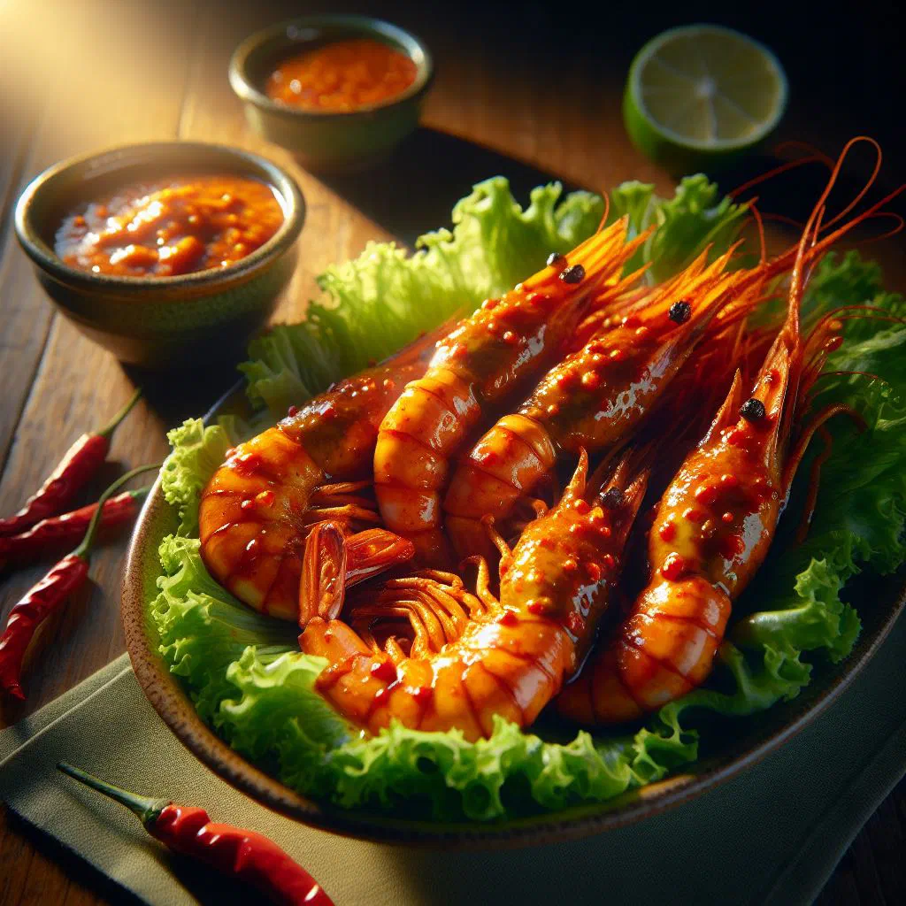 Grilled peri-peri prawns garnished with fresh parsley and lime