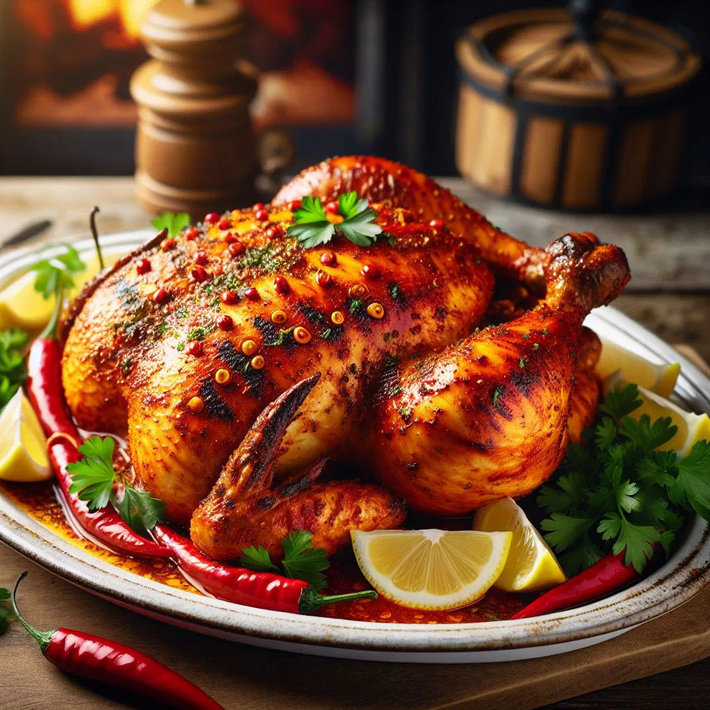 Grilled piri-piri chicken glazed in spicy chilli marinade, garnished with fresh herbs and lemon