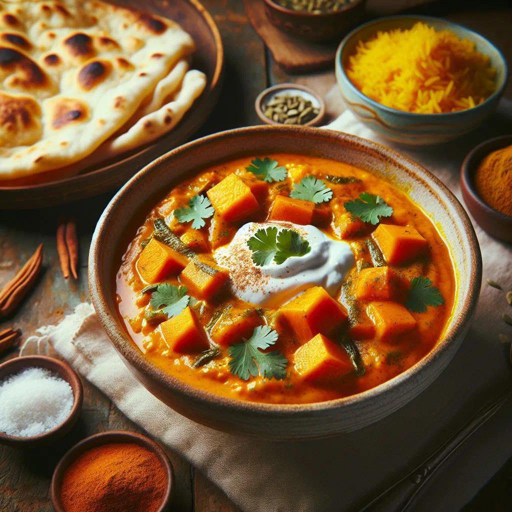 Golden pumpkin curry in coconut sauce garnished with fresh coriander