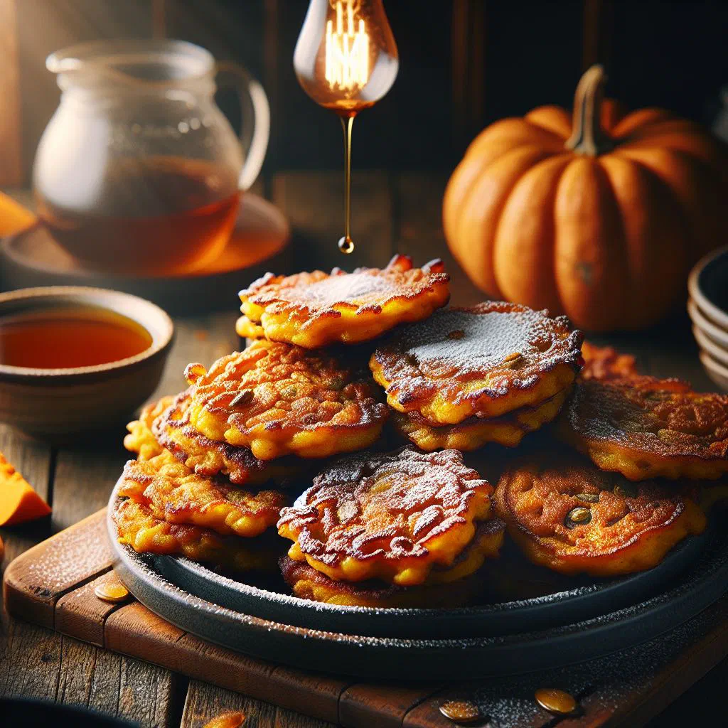 Golden pumpkin fritters dusted with sugar and cinnamon on a plate