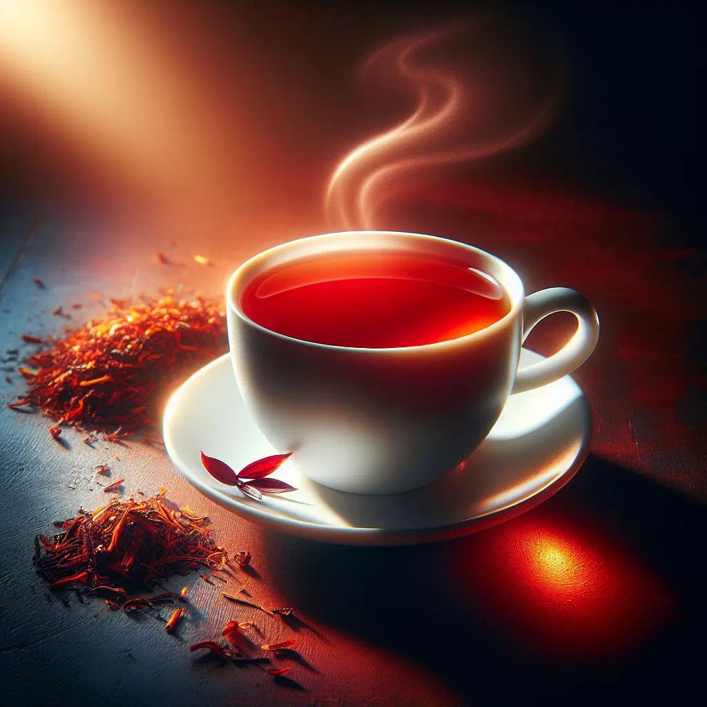 A cup of deep-red rooibos tea with fresh mint and a slice of lemon