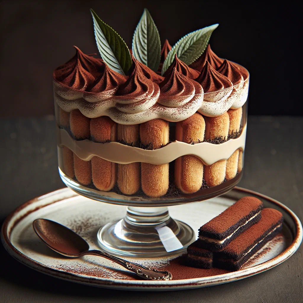 Layered rooibos tiramisu in a glass, dusted with cocoa powder