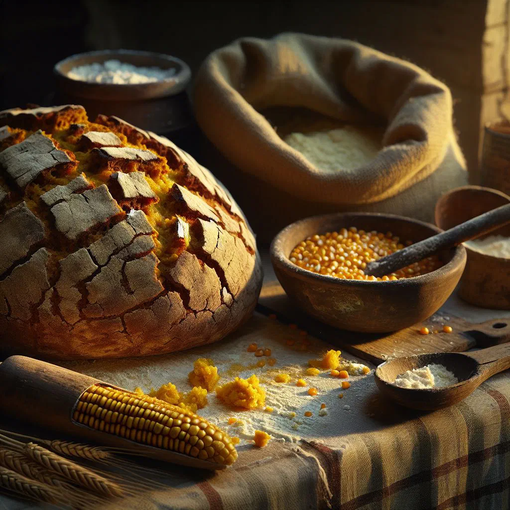 Golden rustic mealie bread loaf sliced and served warm with butter