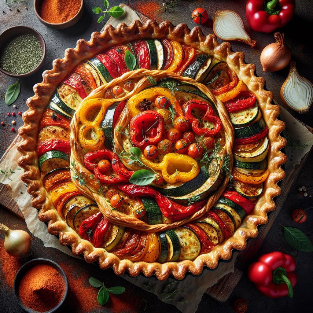Golden baked savoury pap tart topped with vegetables and melted cheese
