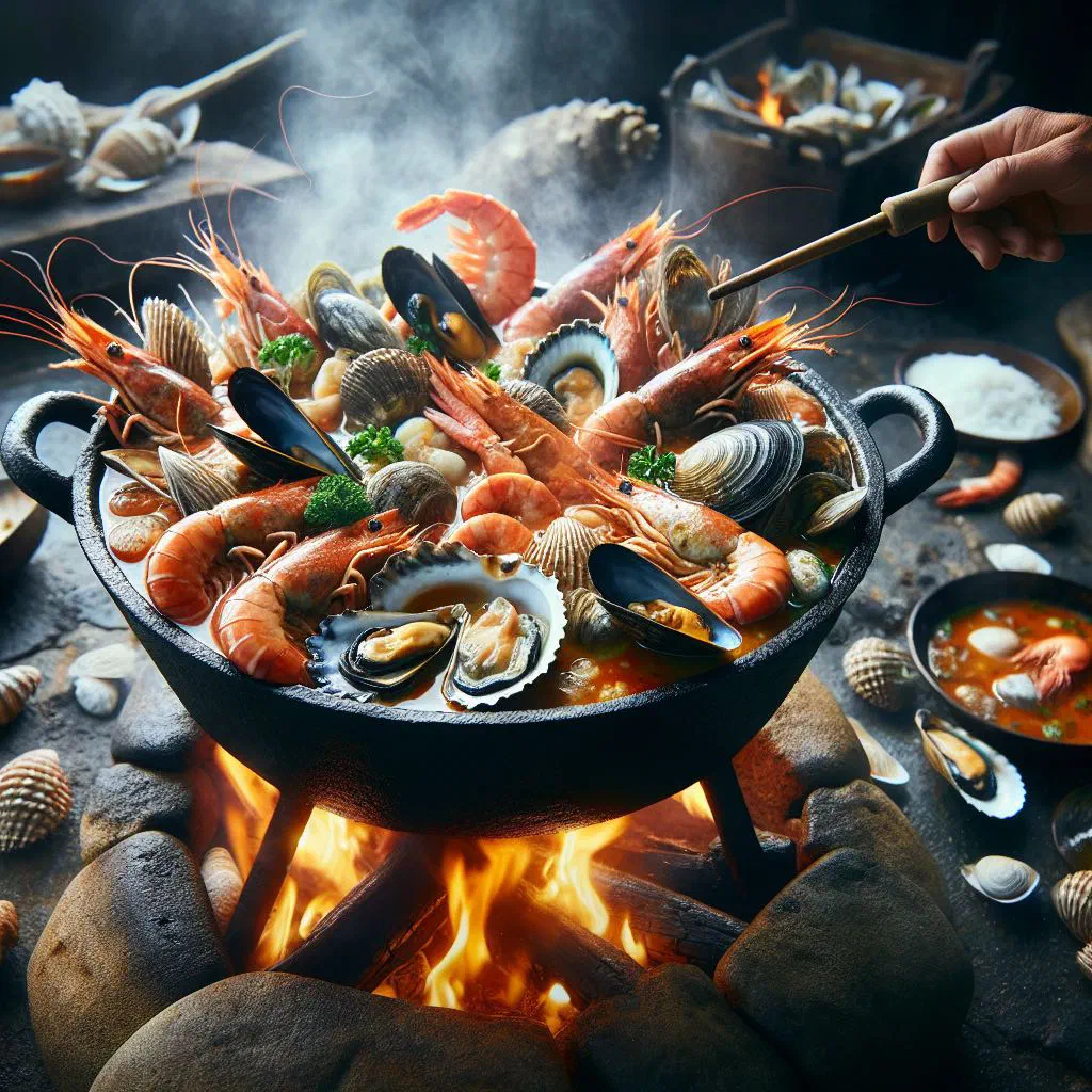 Seafood potjie simmering in a black cast-iron pot with prawns, mussels and vegetables