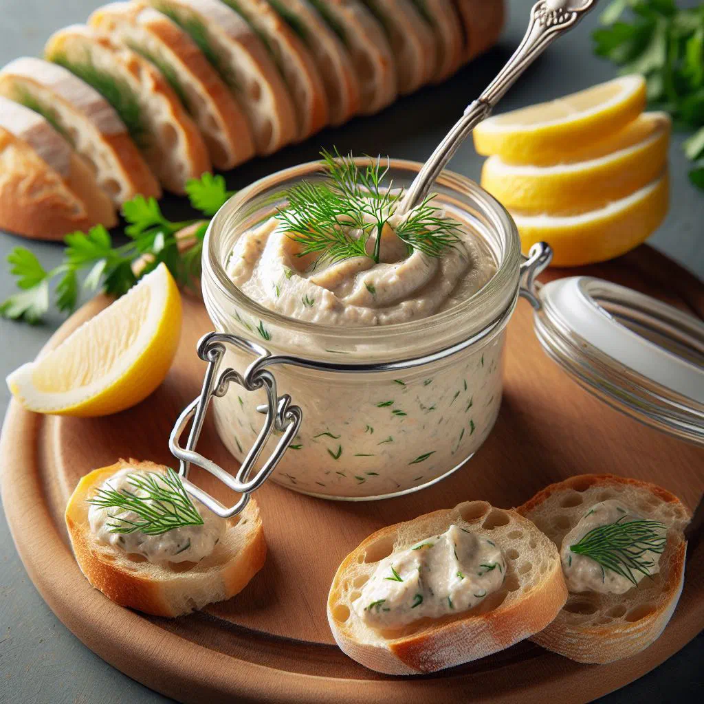 Creamy snoek pâté in a bowl garnished with fresh herbs and lemon
