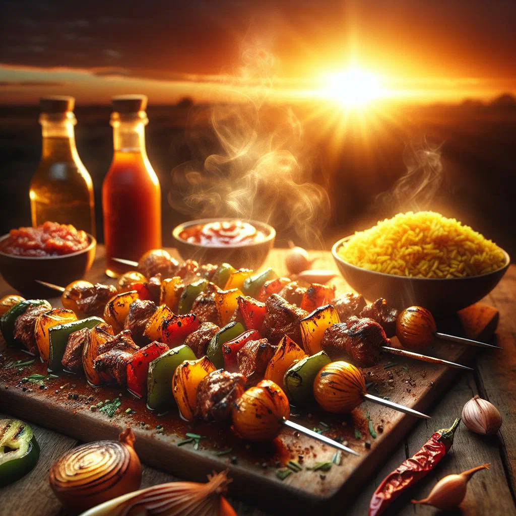 Grilled sosaties skewers with lamb, apricots and onion on a platter