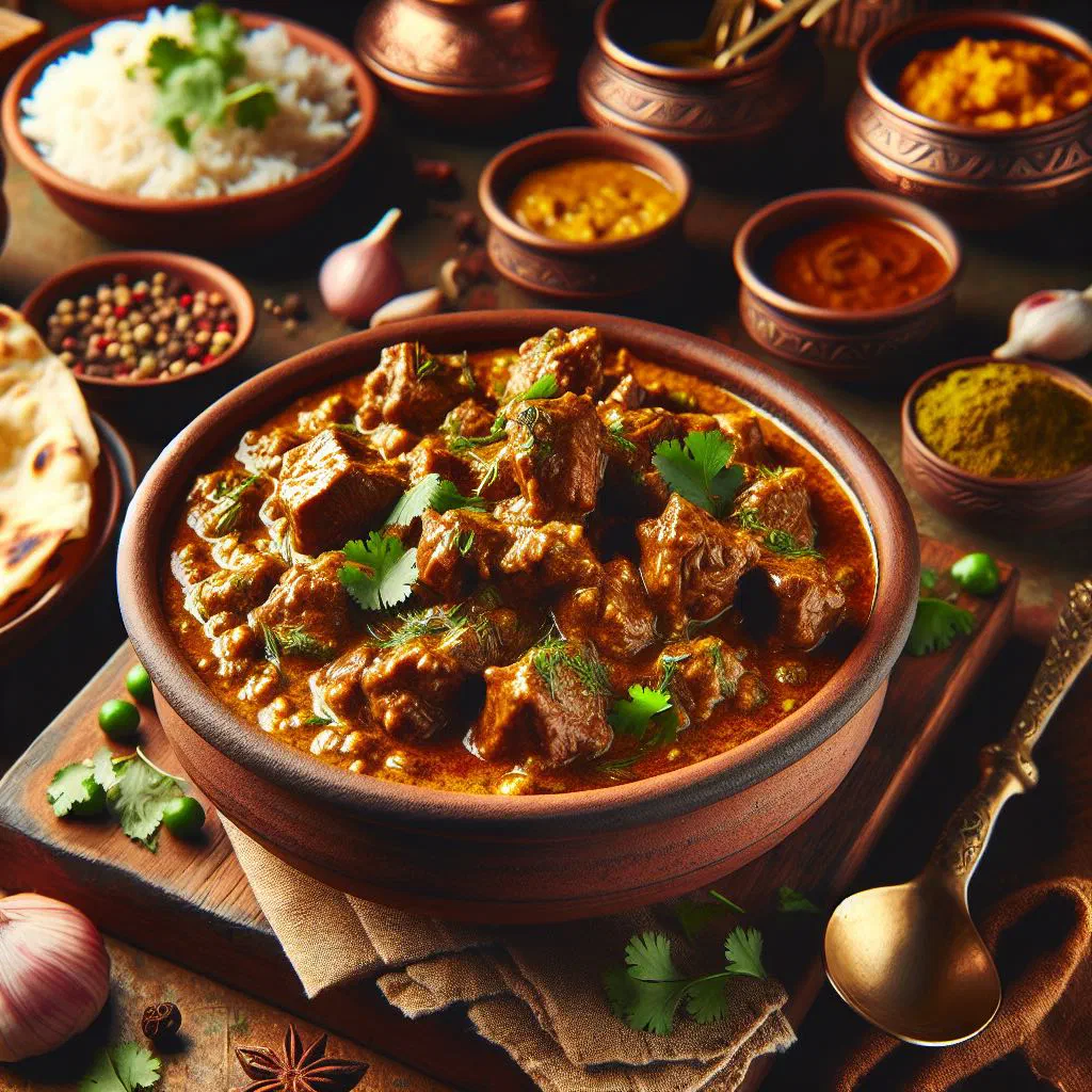 Bowl of spiced lamb curry topped with fresh coriander