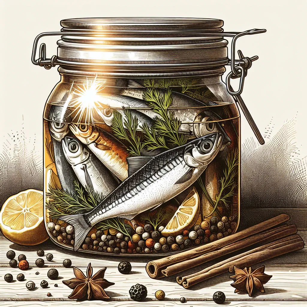 Spiced pickled fish with onion rings and carrot in a tangy vinegar marinade