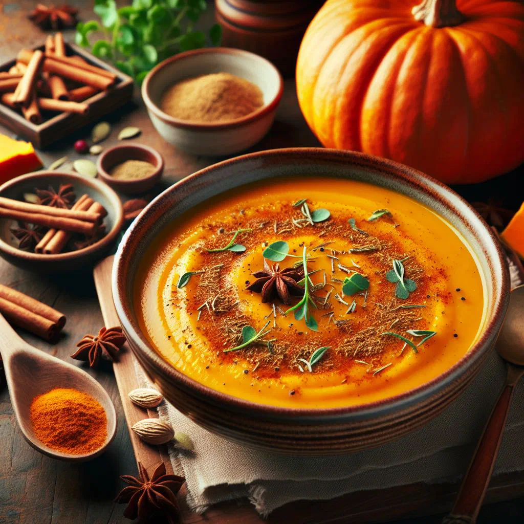 Bowl of creamy spiced pumpkin soup garnished with fresh coriander