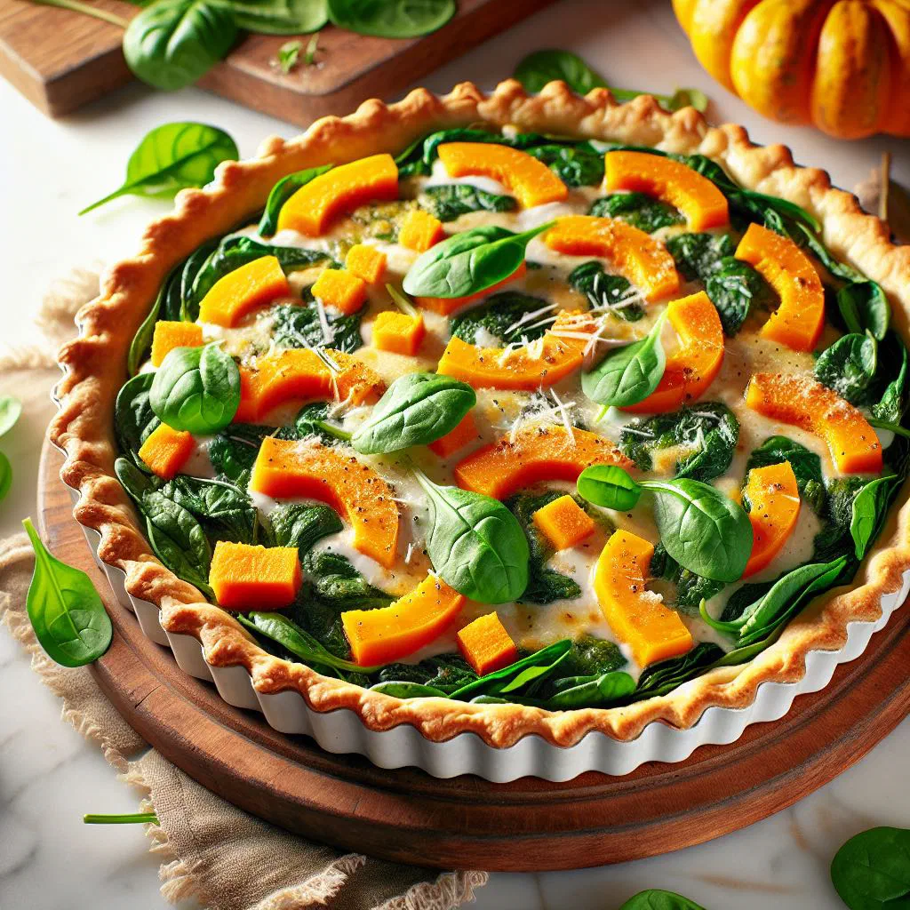 Golden baked spinach and pumpkin tart with feta on a wooden board