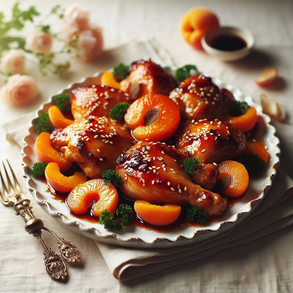 Glazed sticky apricot chicken pieces garnished with fresh parsley